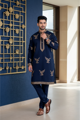 Men Navy Blue Eagle Embroidered Kurta