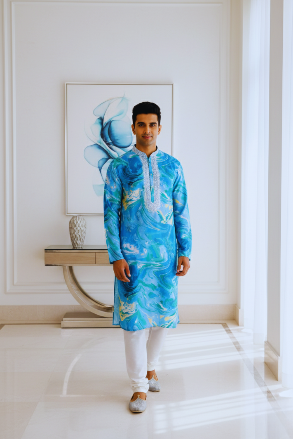 Men Ocean Blue Marble Print Silk Kurta