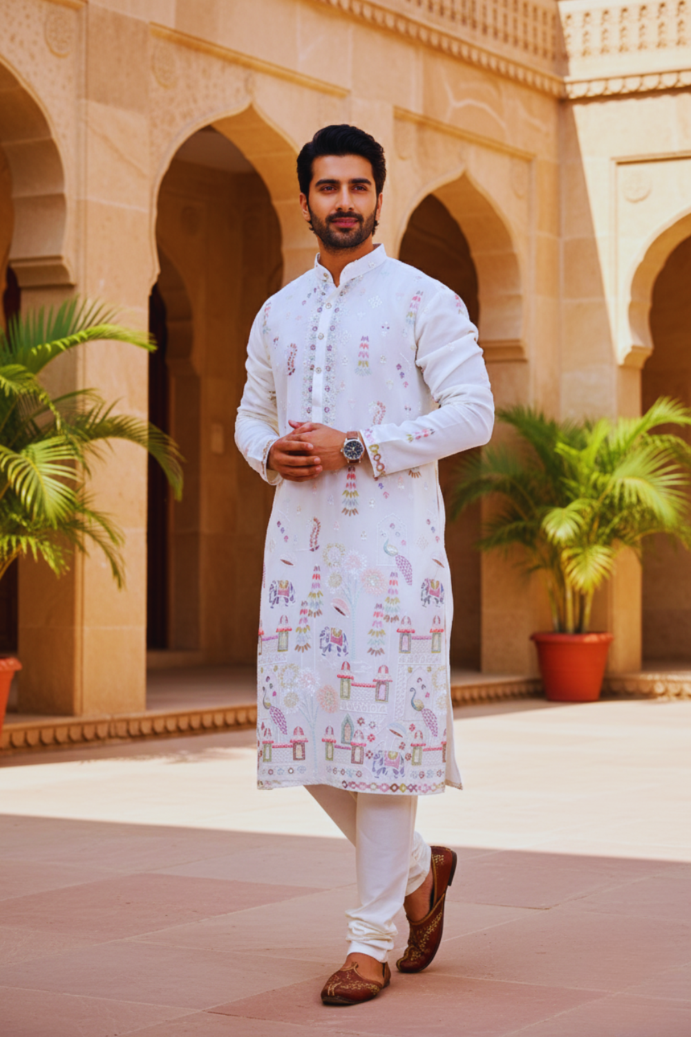 Men Ivory Baraat Procession Embroidered Kurta