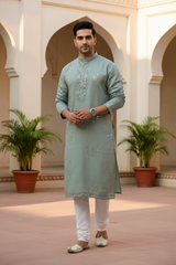 Men Sage Green Mirror Work Kurta