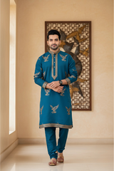 Men Teal Blue Eagle Embroidered Kurta