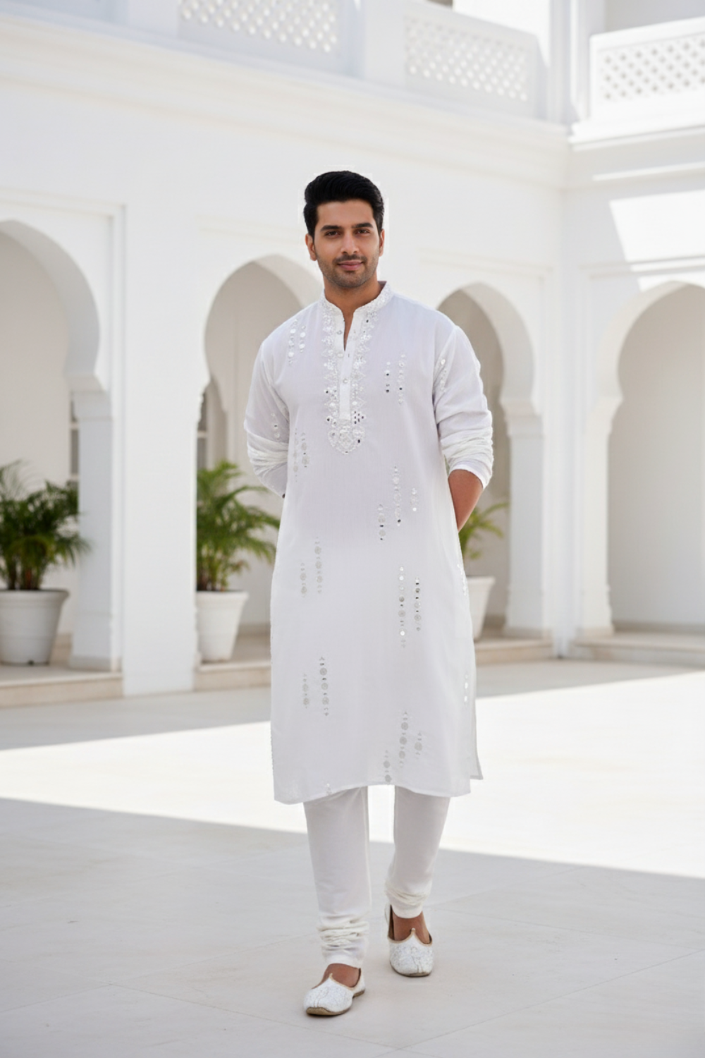 Men Classic White Mirror Work Kurta
