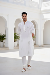 Men Classic White Mirror Work Kurta