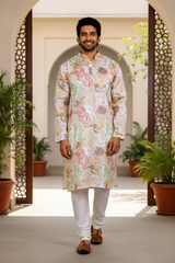 Men Cream Floral Fiesta Sequin Kurta