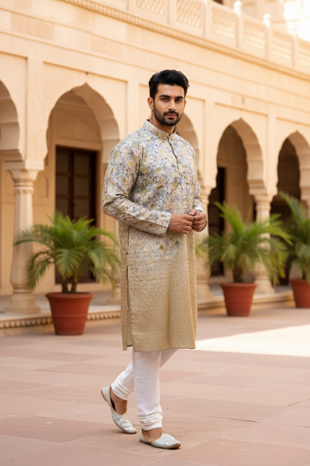 Men Beige Ombre Geometric Sequin Kurta