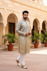 Men Beige Ombre Geometric Sequin Kurta