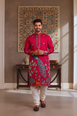 Men Rani Pink Peacock Embroidered Kurta