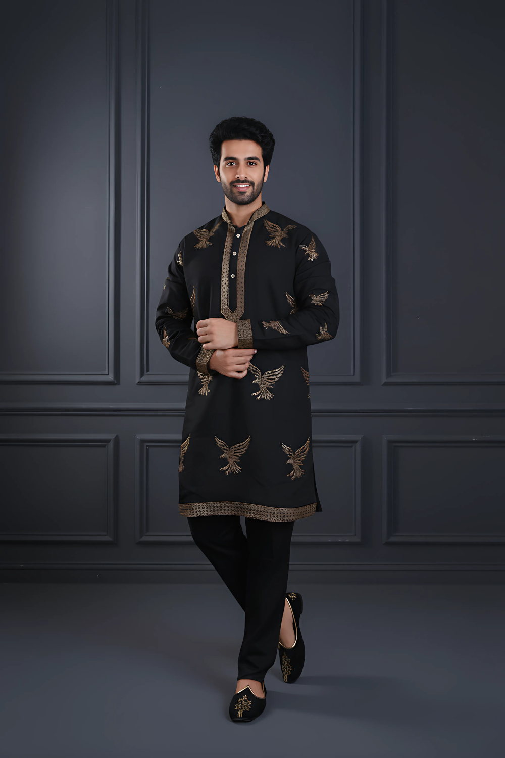 Men Classic Black Eagle Embroidered Kurta