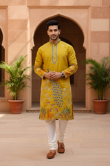 Men Mustard Tree of Life Embroidered Kurta