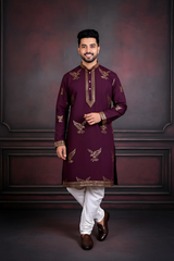 Men Wine Eagle Embroidered Kurta
