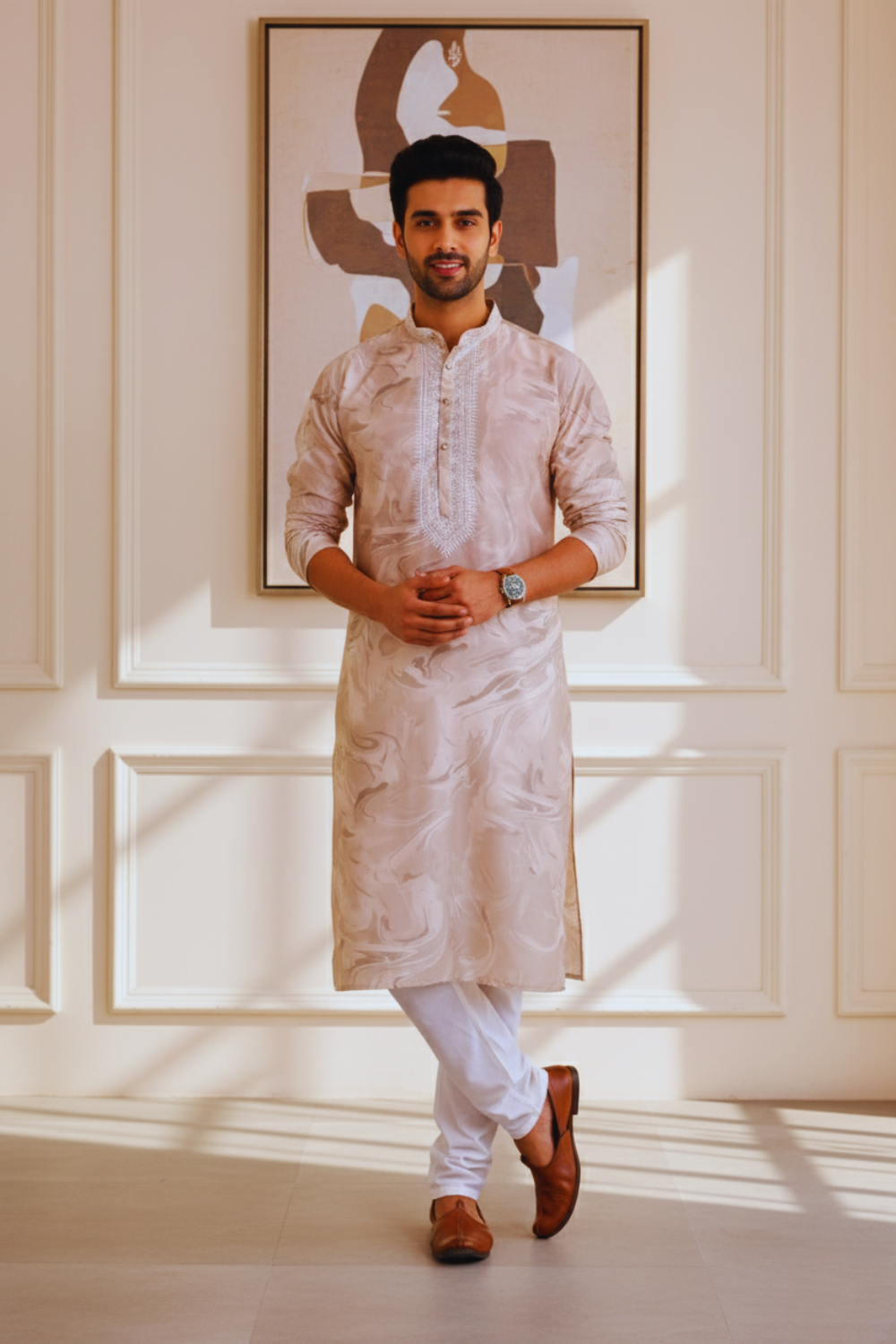 Sandstone Marble Print Silk Kurta for Men