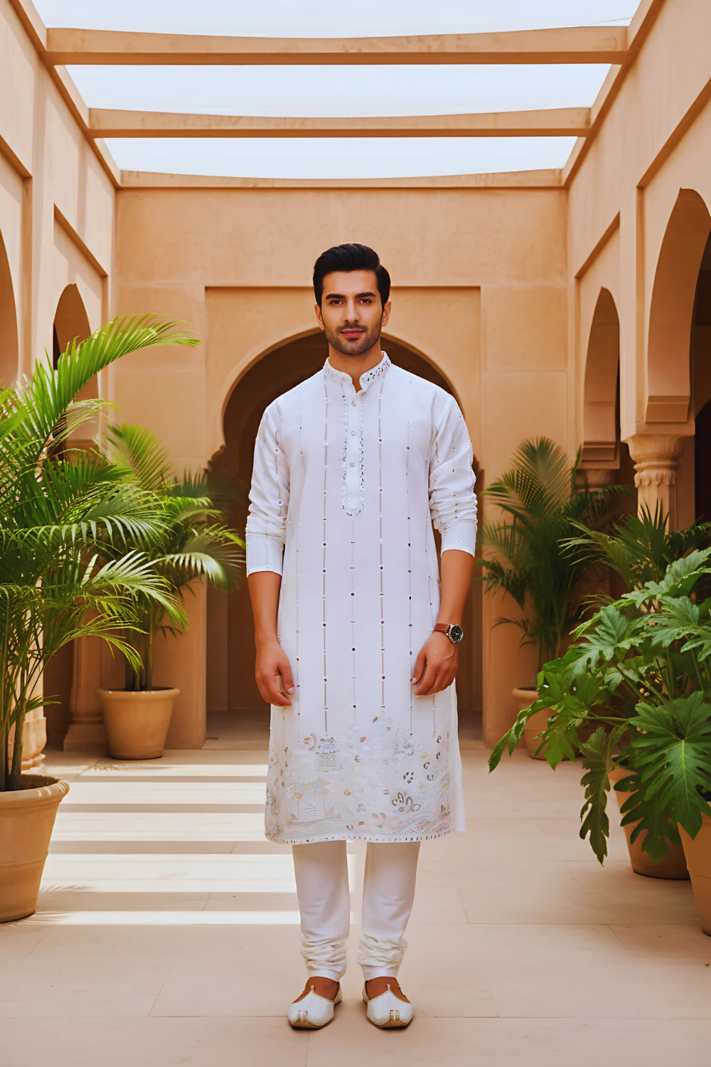 Men Ivory Pinstripe Mirror Work Kurta