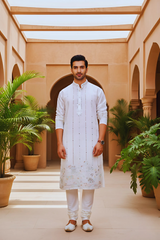 Men Ivory Pinstripe Mirror Work Kurta