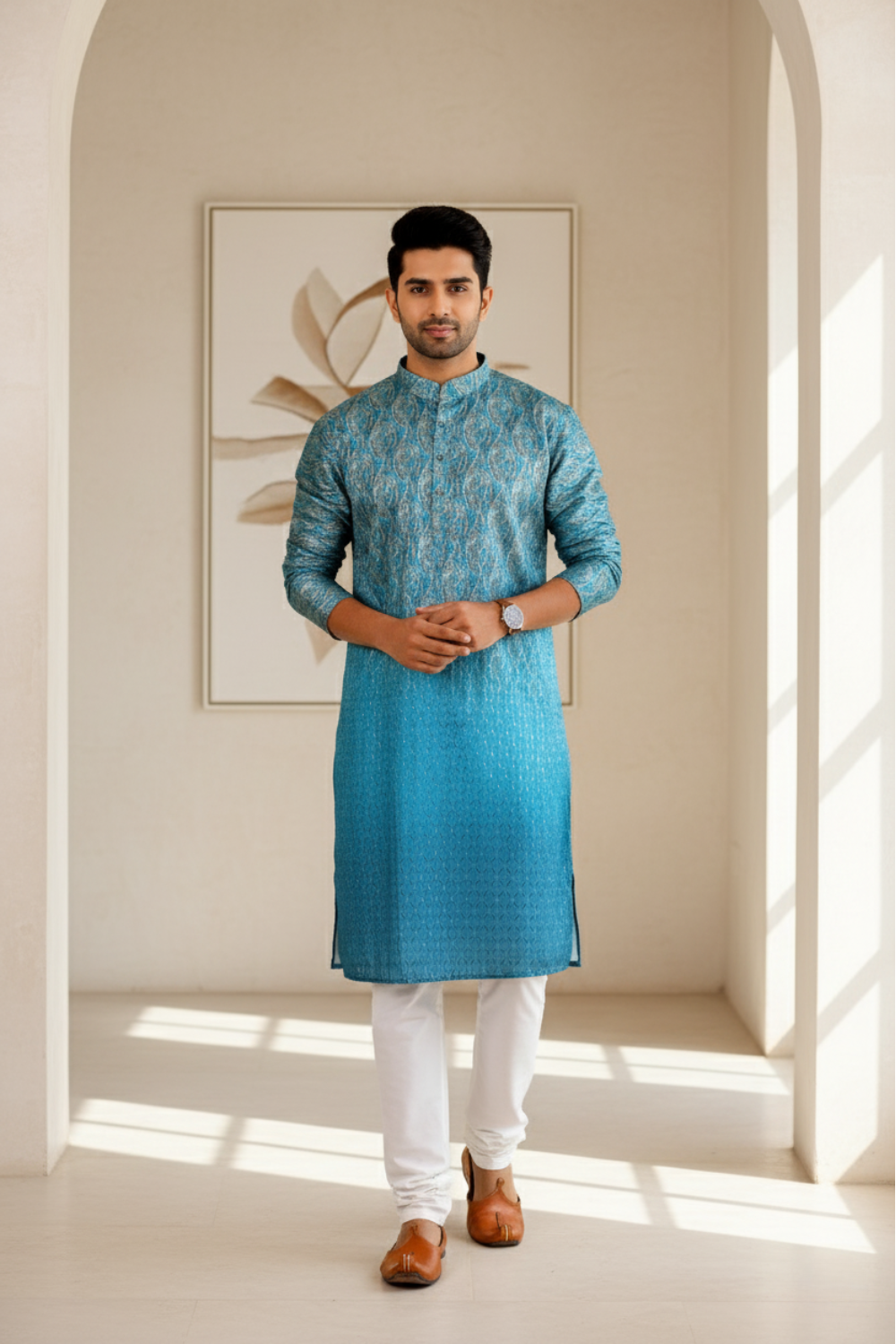 Men Teal Ombre Paisley Jacquard Kurta