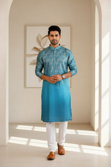 Men Teal Ombre Paisley Jacquard Kurta