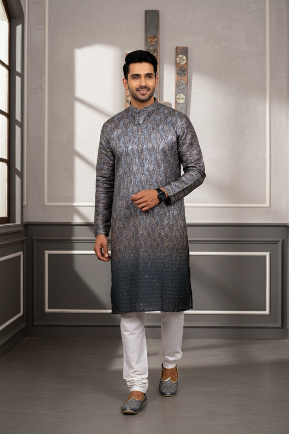 Men Charcoal Grey Paisley Jacquard Kurta