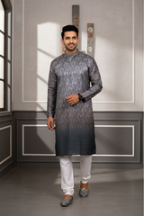 Men Charcoal Grey Paisley Jacquard Kurta