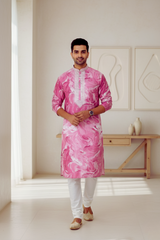Men Orchid Marble Print Silk Kurta