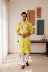 Men Mustard Yellow Marble Print Silk Kurta