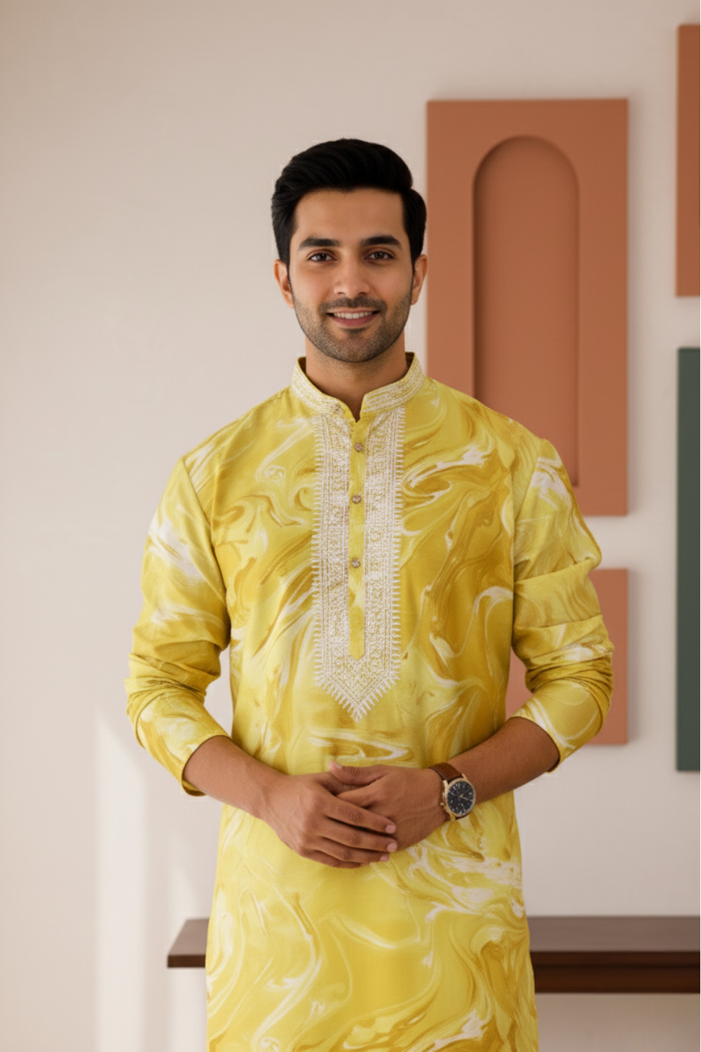 Men Mustard Yellow Marble Print Silk Kurta