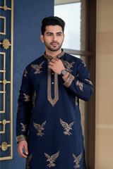 Men Navy Blue Eagle Embroidered Kurta