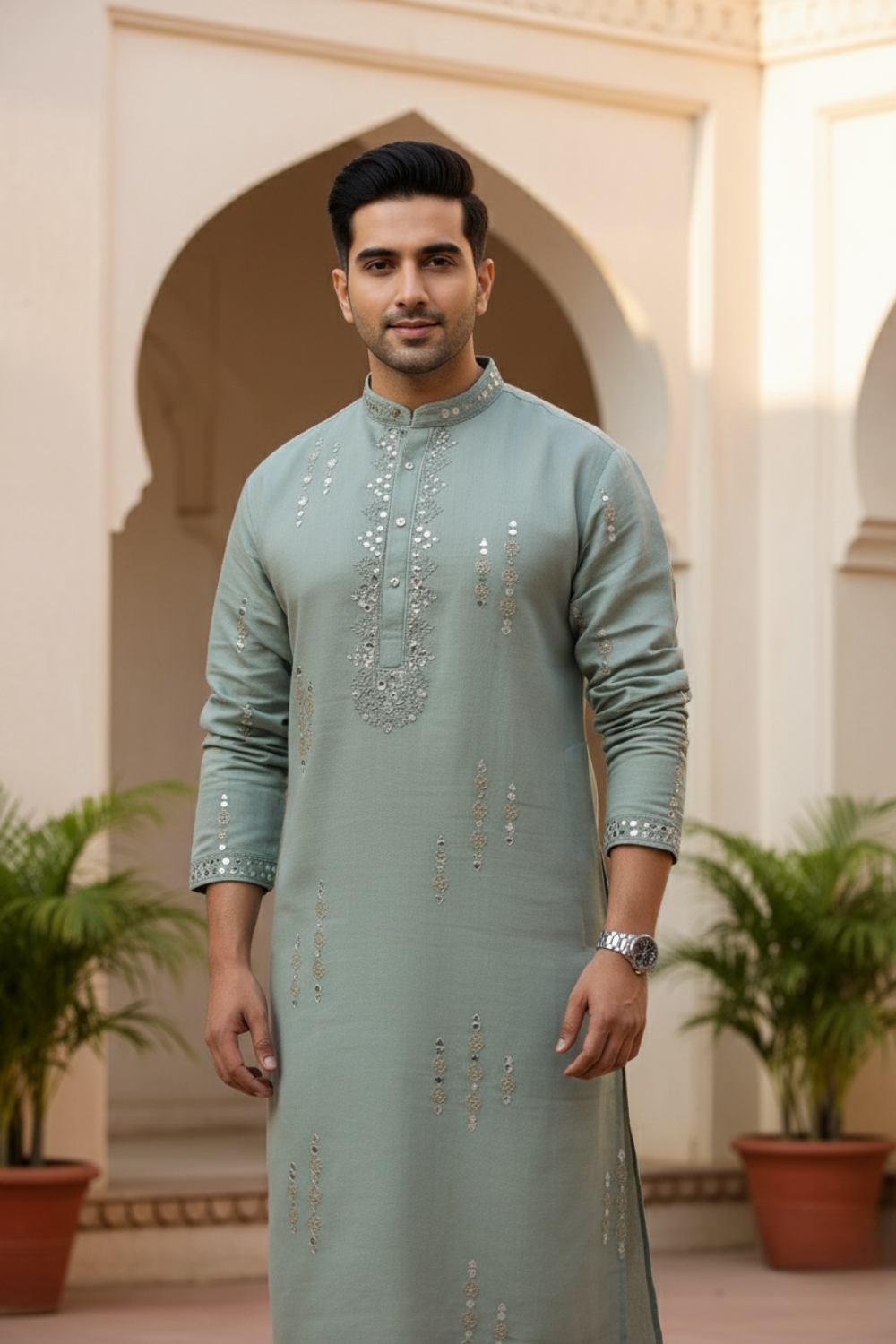 Men Sage Green Mirror Work Kurta