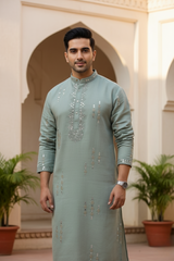 Men Sage Green Mirror Work Kurta