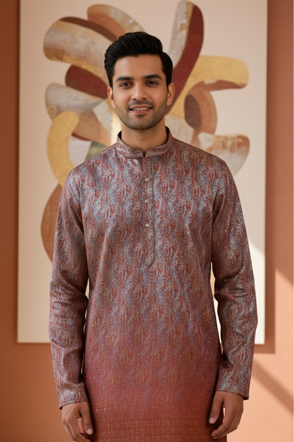 Maroon Ombre Paisley Jacquard Kurta for Men