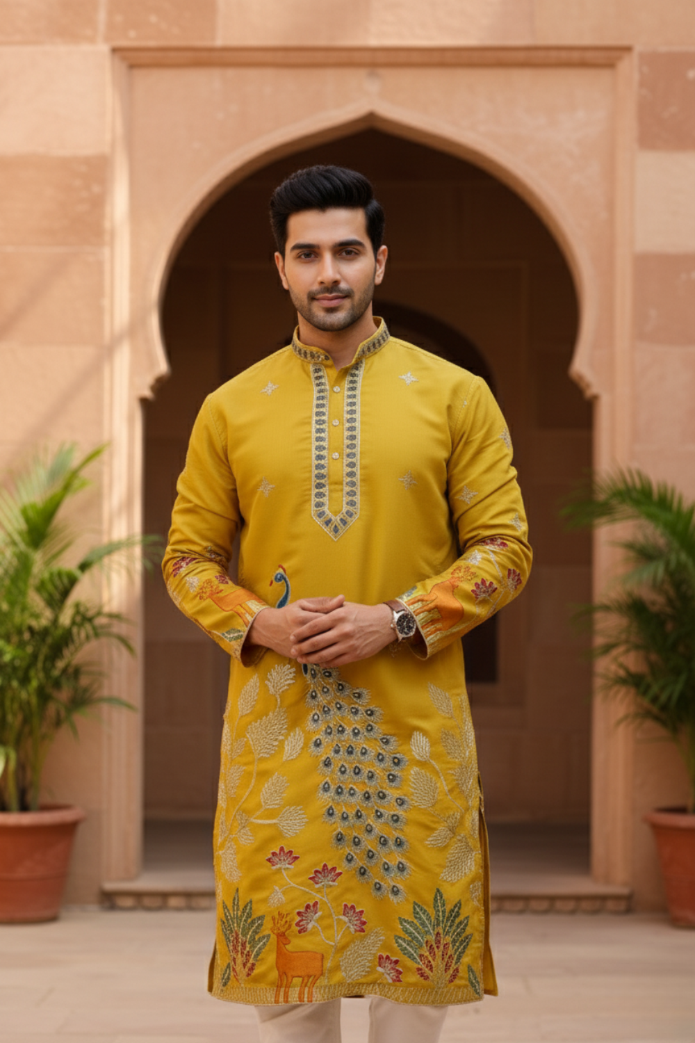 Men Mustard Tree of Life Embroidered Kurta