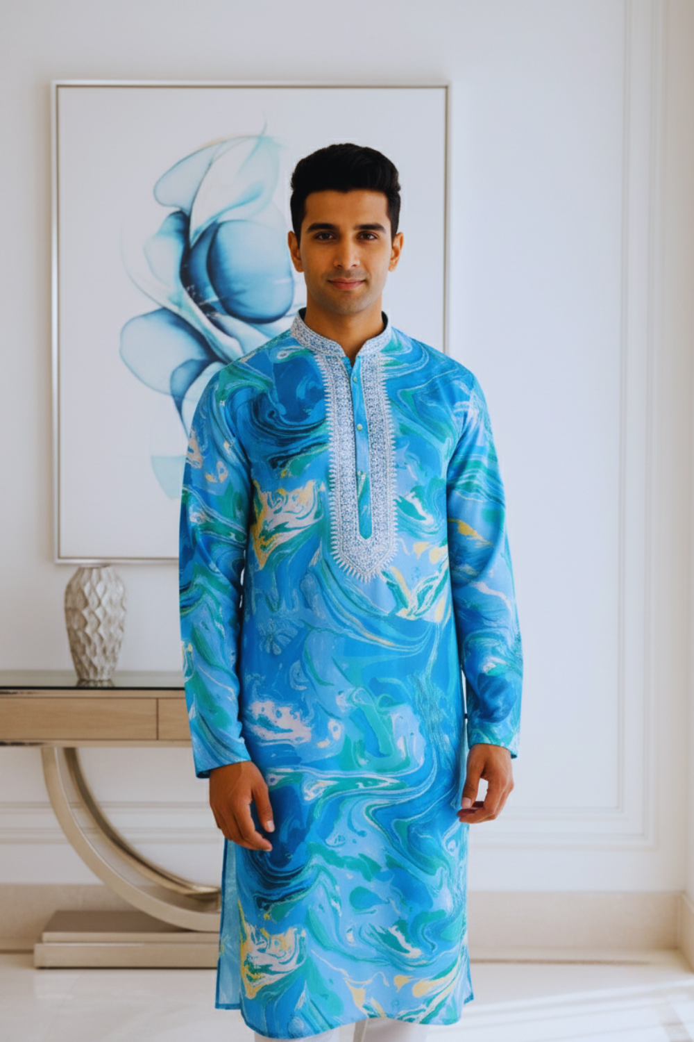 Men Ocean Blue Marble Print Silk Kurta
