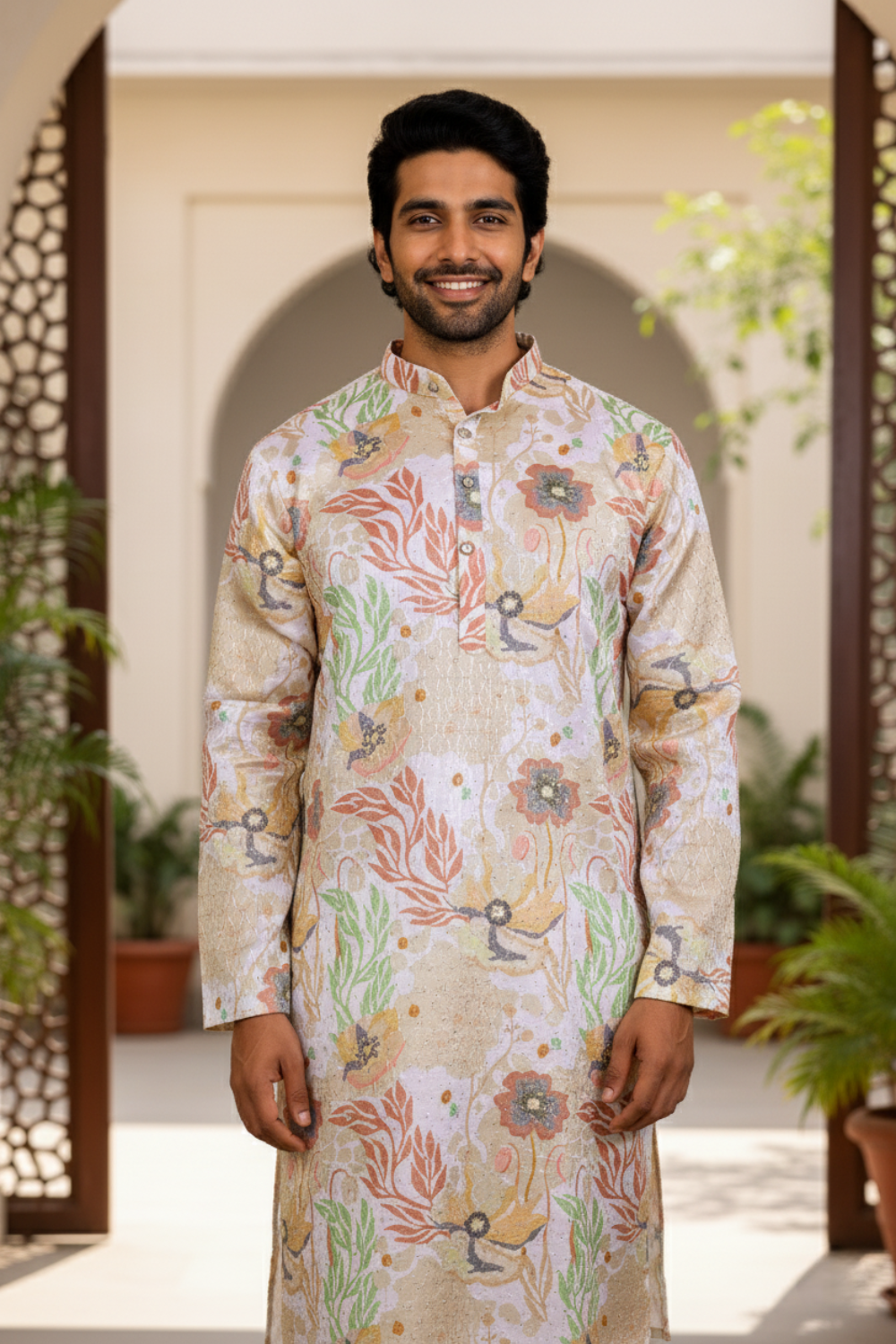 Men Cream Floral Fiesta Sequin Kurta