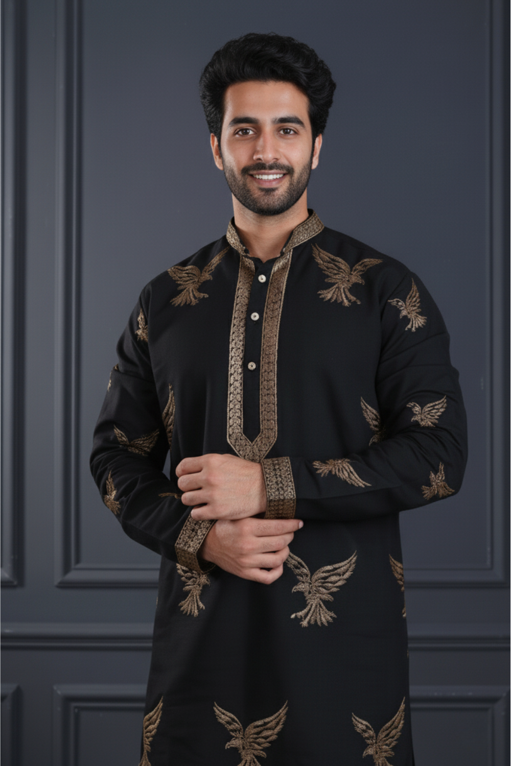 Men Classic Black Eagle Embroidered Kurta