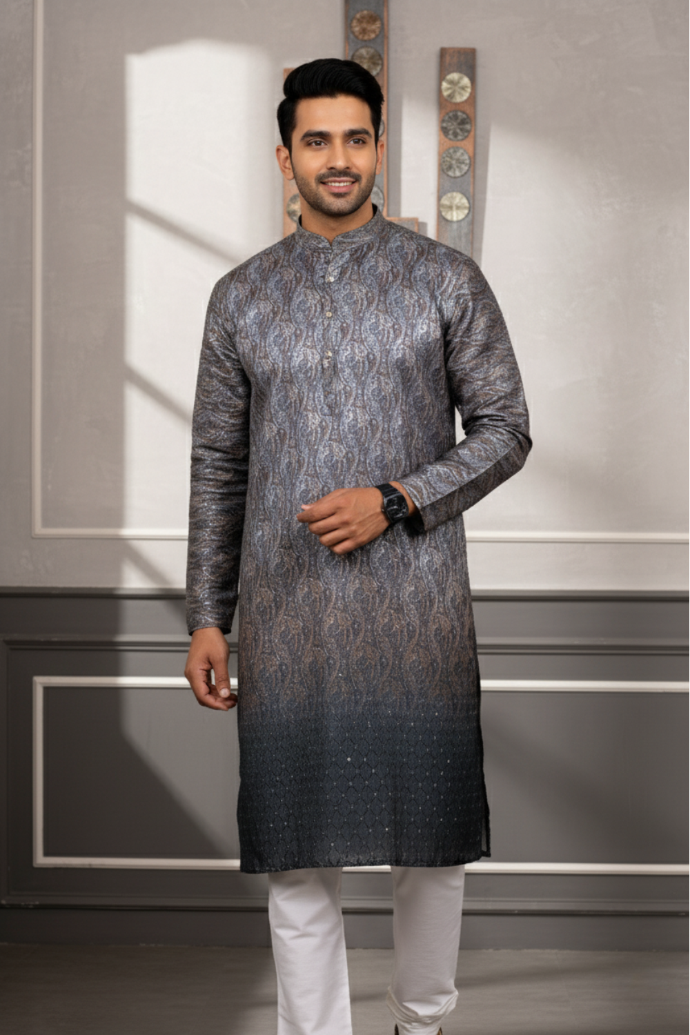 Men Charcoal Grey Paisley Jacquard Kurta