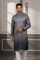 Men Charcoal Grey Paisley Jacquard Kurta