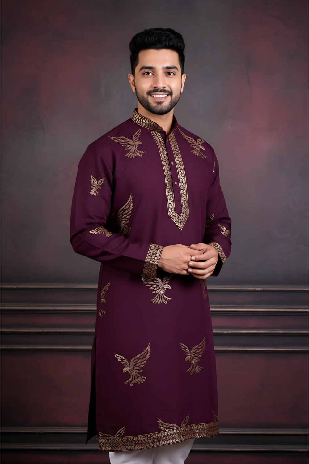 Men Wine Eagle Embroidered Kurta