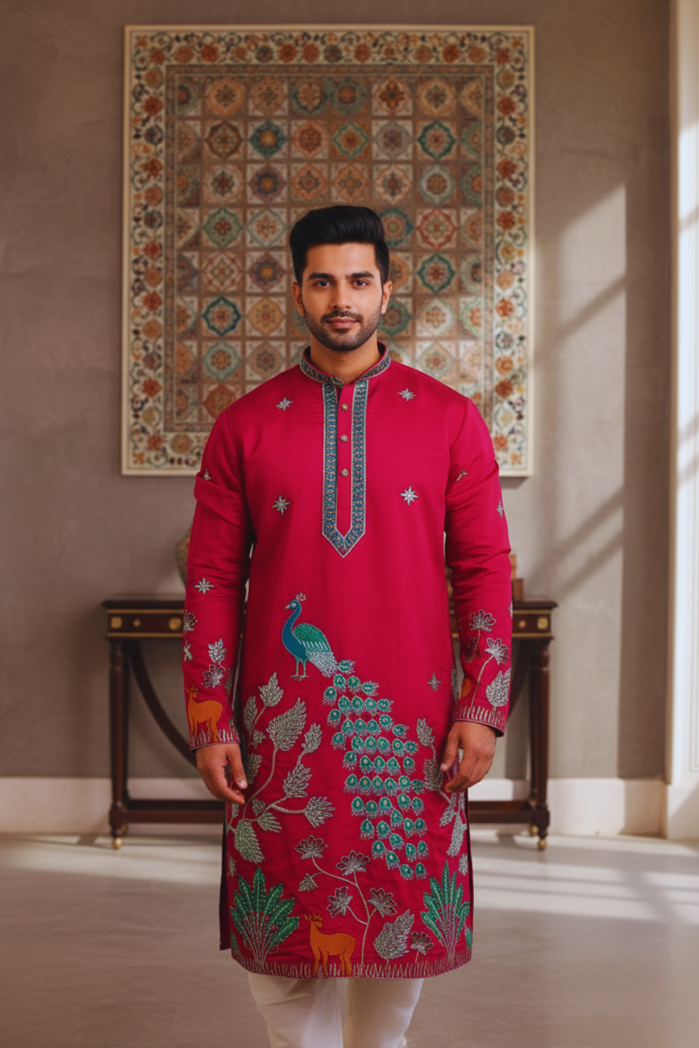 Men Rani Pink Peacock Embroidered Kurta