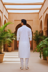 Men Ivory Pinstripe Mirror Work Kurta