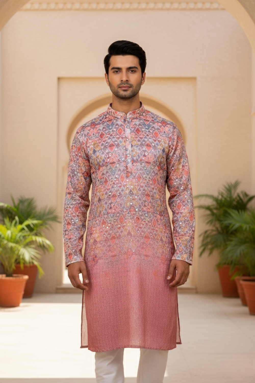 Mauve Ombre Geometric Sequin Men Kurta