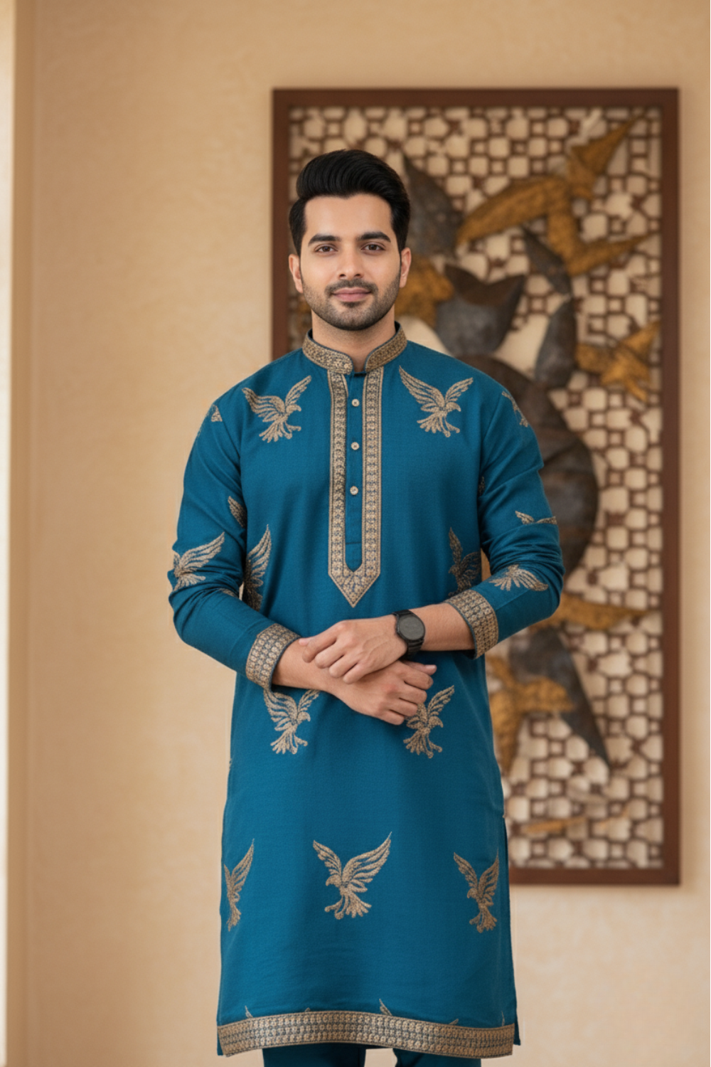 Men Teal Blue Eagle Embroidered Kurta