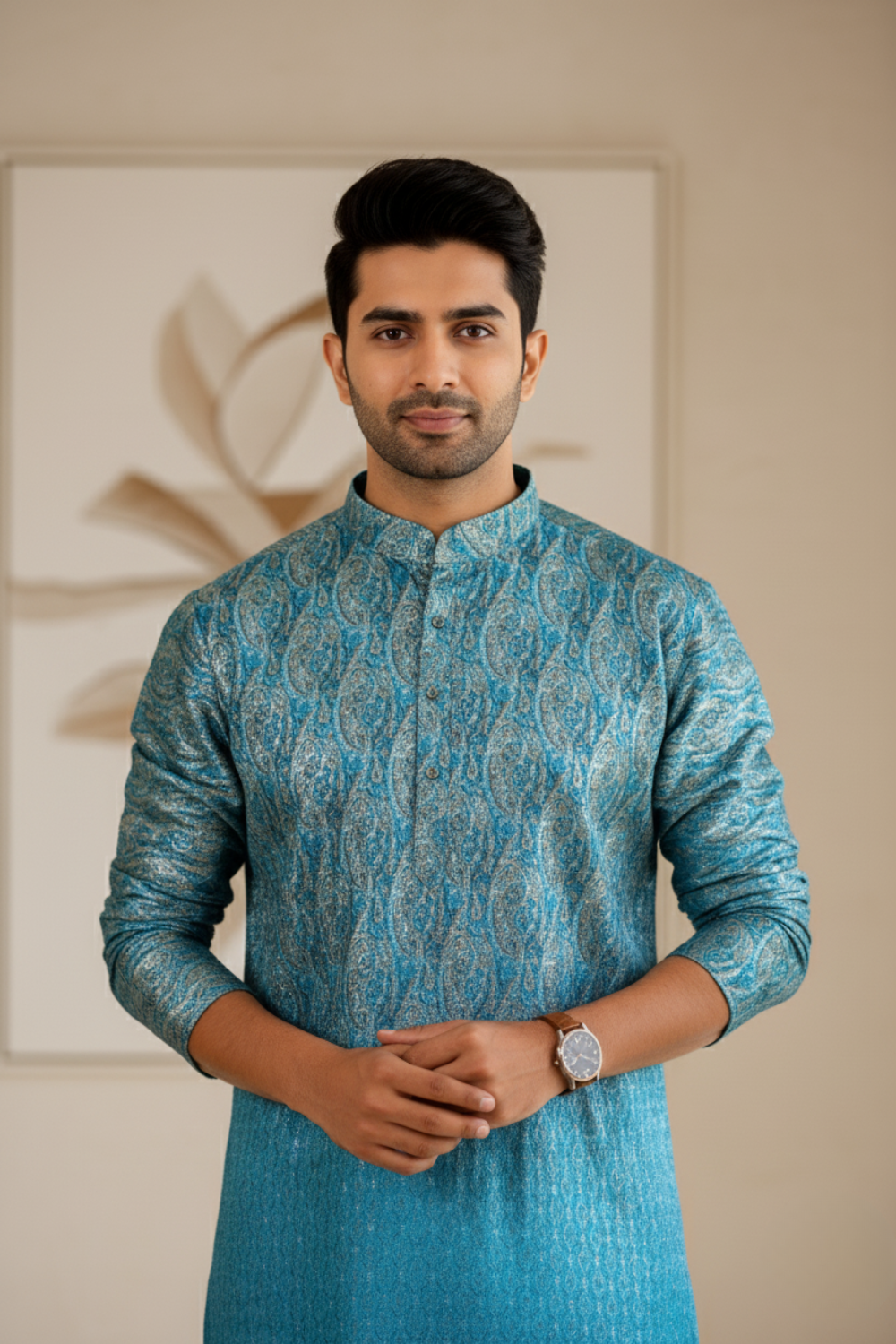 Men Teal Ombre Paisley Jacquard Kurta