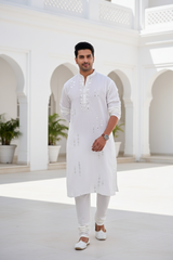 Men Classic White Mirror Work Kurta