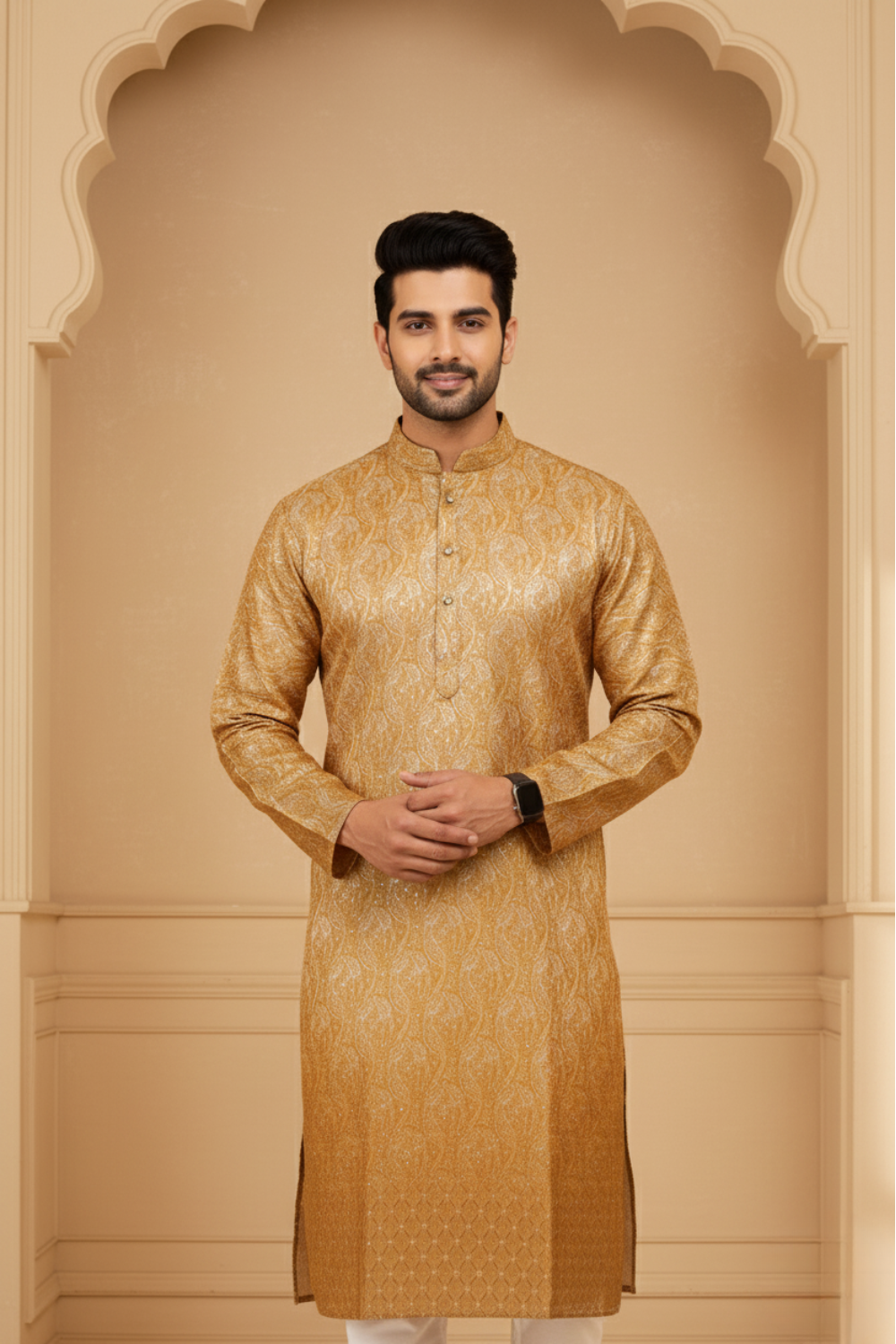 Men Tangerine Paisley Jacquard Kurta