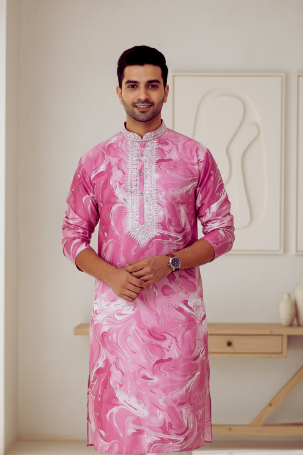 Men Orchid Marble Print Silk Kurta