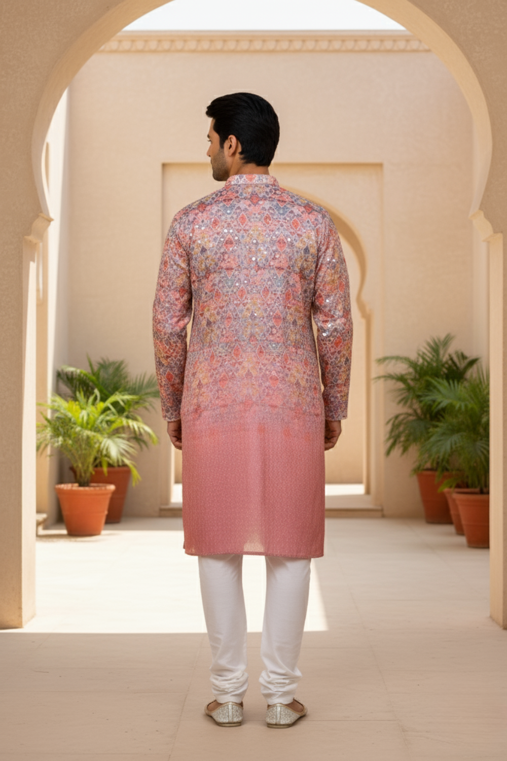 Mauve Ombre Geometric Sequin Men Kurta