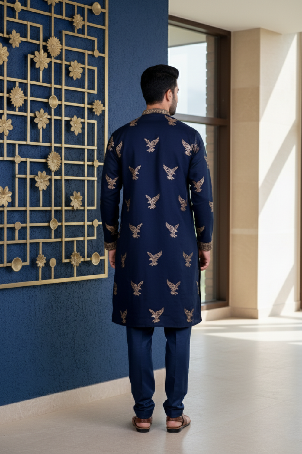 Men Navy Blue Eagle Embroidered Kurta