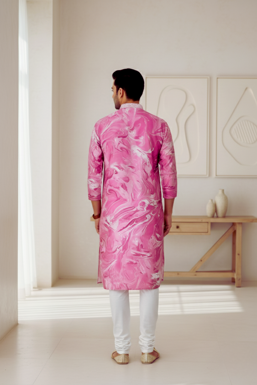 Men Orchid Marble Print Silk Kurta