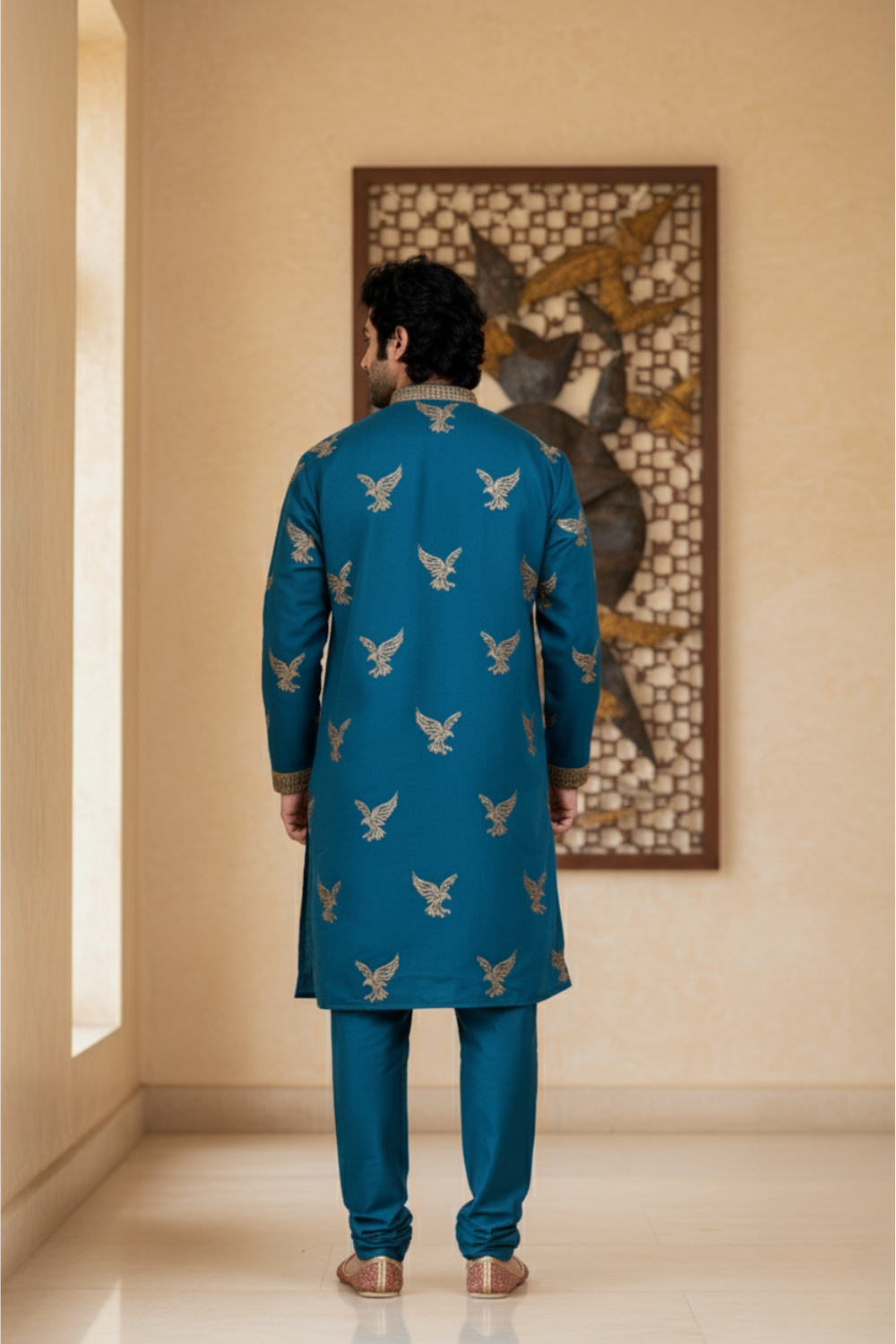 Men Teal Blue Eagle Embroidered Kurta