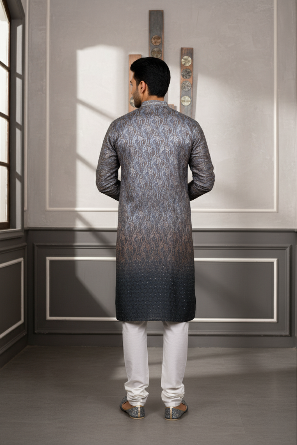 Men Charcoal Grey Paisley Jacquard Kurta
