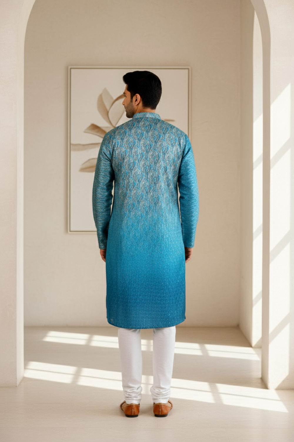 Men Teal Ombre Paisley Jacquard Kurta