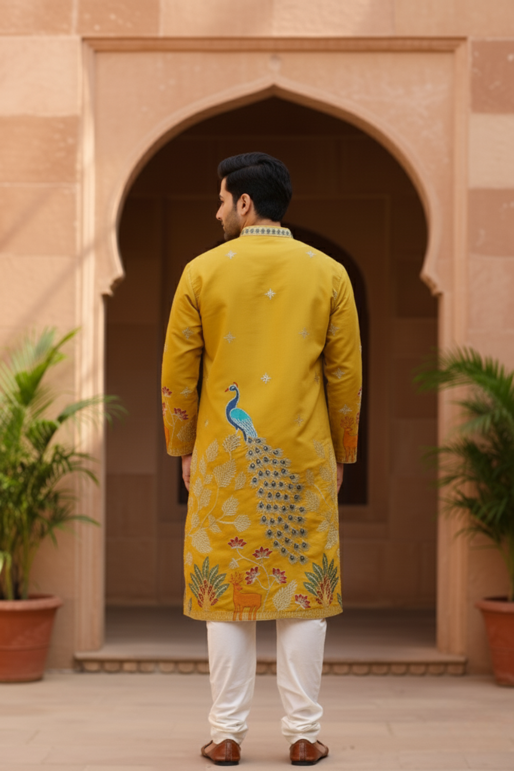 Men Mustard Tree of Life Embroidered Kurta